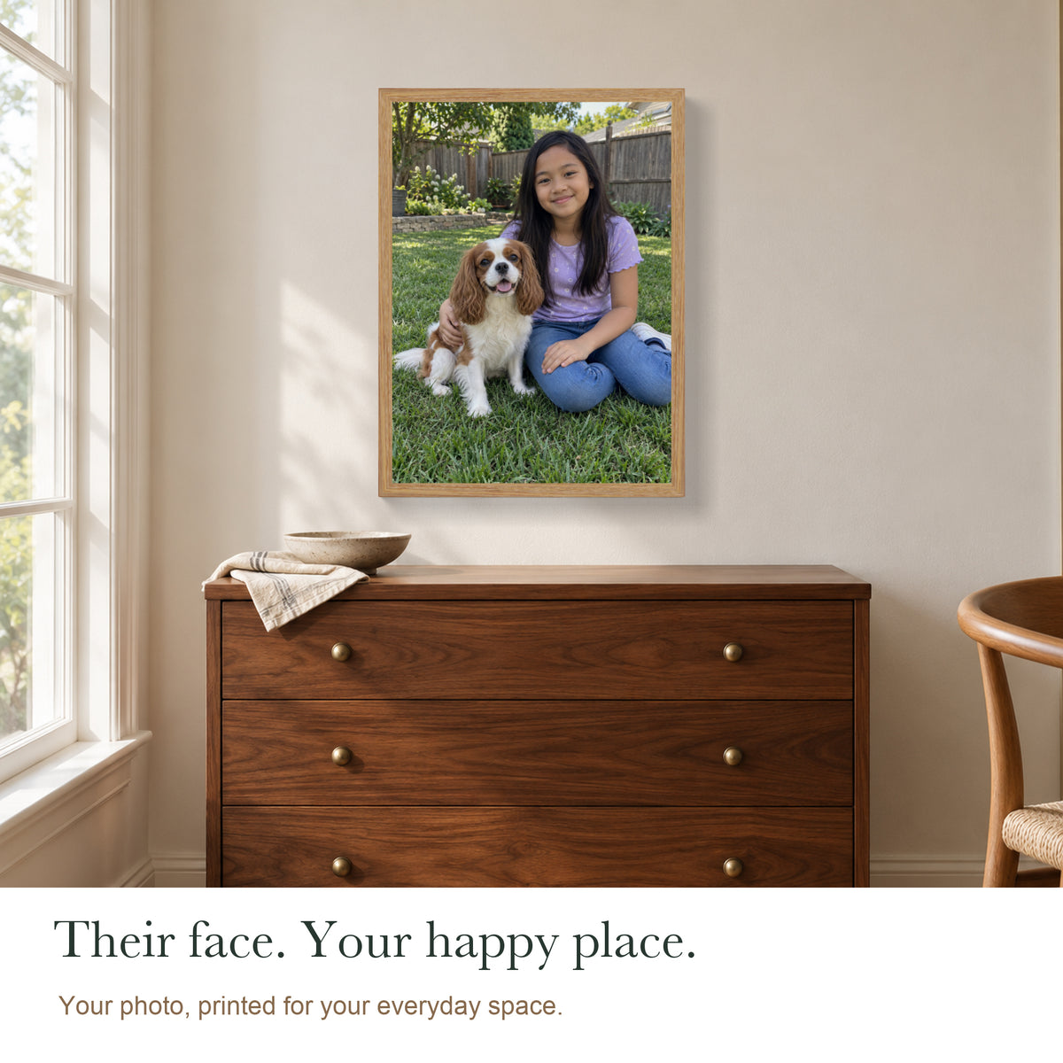 Your Favorites, Close to Home — Custom Photo Canvas with Light Wood Frame — Personalized child and pet photo shown above a storage chest — Image 5