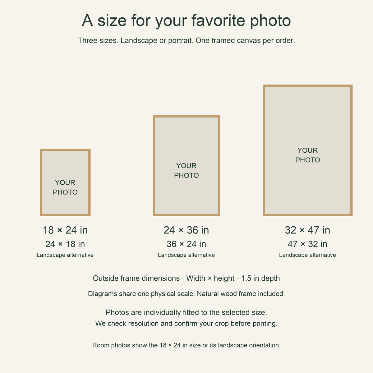 Light wood framed custom photo canvas — three outer sizes 18×24, 24×36,32×47 inches, landscape or portrait; flat size diagrams at one physical scale; photo crop approved per order