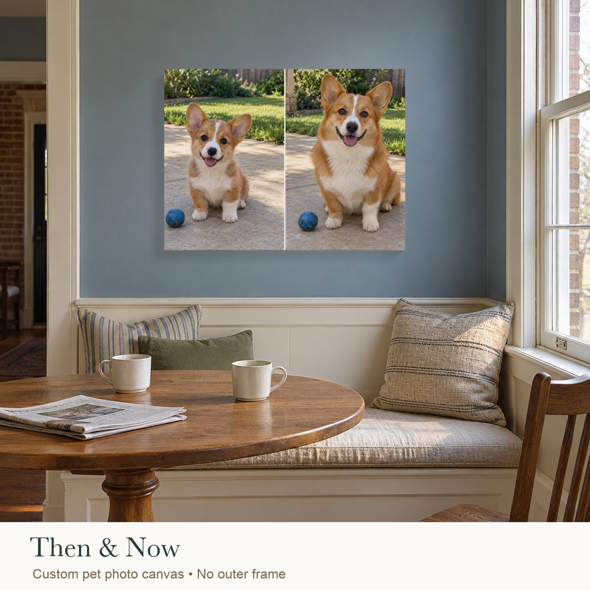 Then & Now Pet Memories — Personalized Pet Photo Canvas — Custom pet photo canvas in a realistic home setting, no outer frame; generated example — Image 1