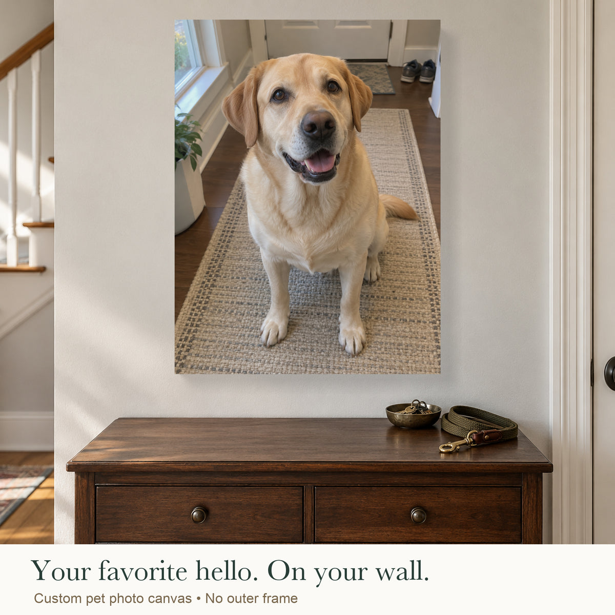 My Favorite Hello — Personalized Dog Photo Canvas — Custom pet photo canvas in a realistic home setting, no outer frame; generated example — Image 1