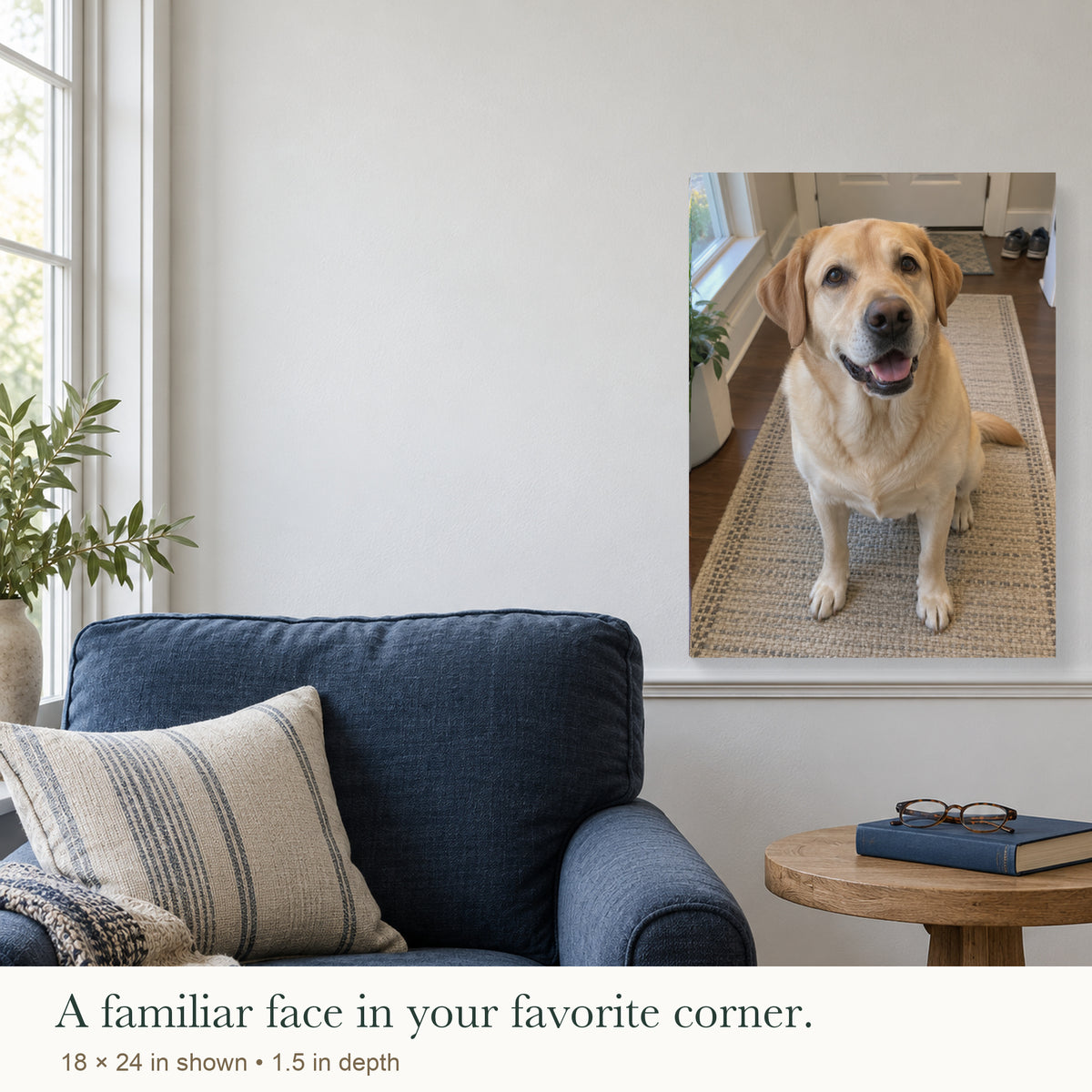 My Favorite Hello — Personalized Dog Photo Canvas — Second lifestyle view with the same photo, product size and unframed structure — Image 3