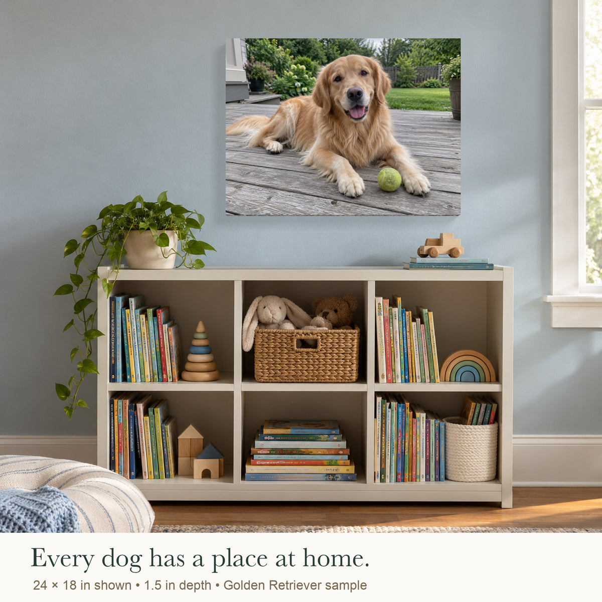 Little Legs, Big Love — Custom Dog Photo Canvas — Golden Retriever sample on one 24 by 18 inch canvas above a reading-room bookcase — Image 3