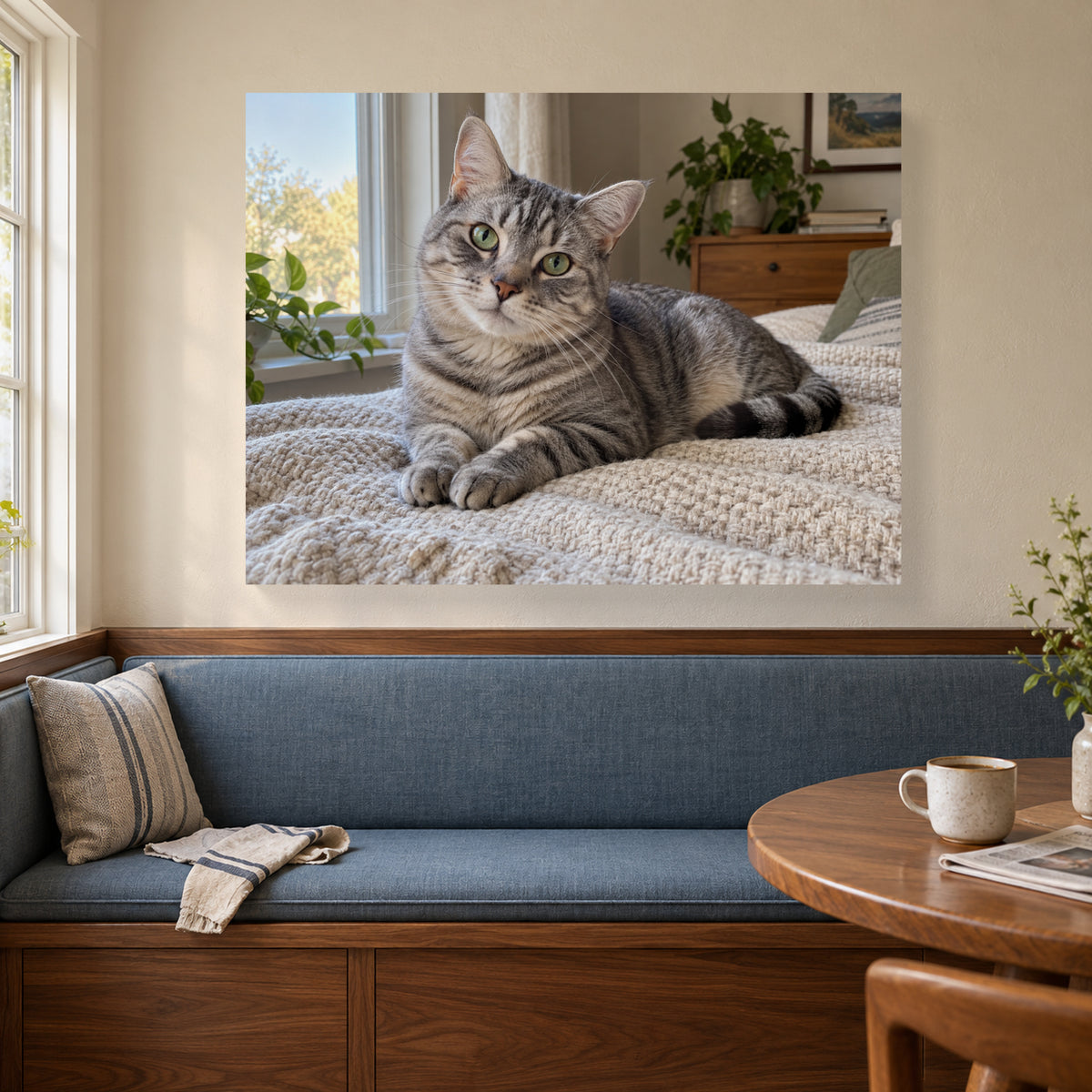 Your Favorite Little Roommate — Custom Cat Photo Canvas — Silver tabby cat custom photo canvas above a breakfast banquette; AI example, no outer frame — Image 1