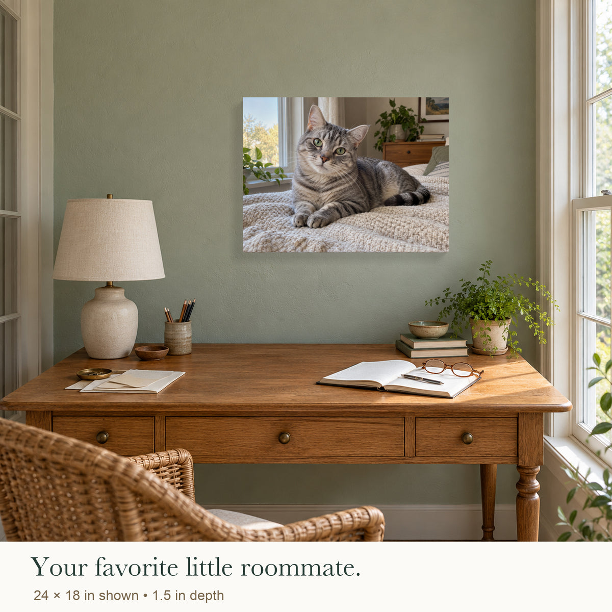 Your Favorite Little Roommate — Custom Cat Photo Canvas — Silver tabby canvas in a writing corner, 24 by 18 inches — Image 3