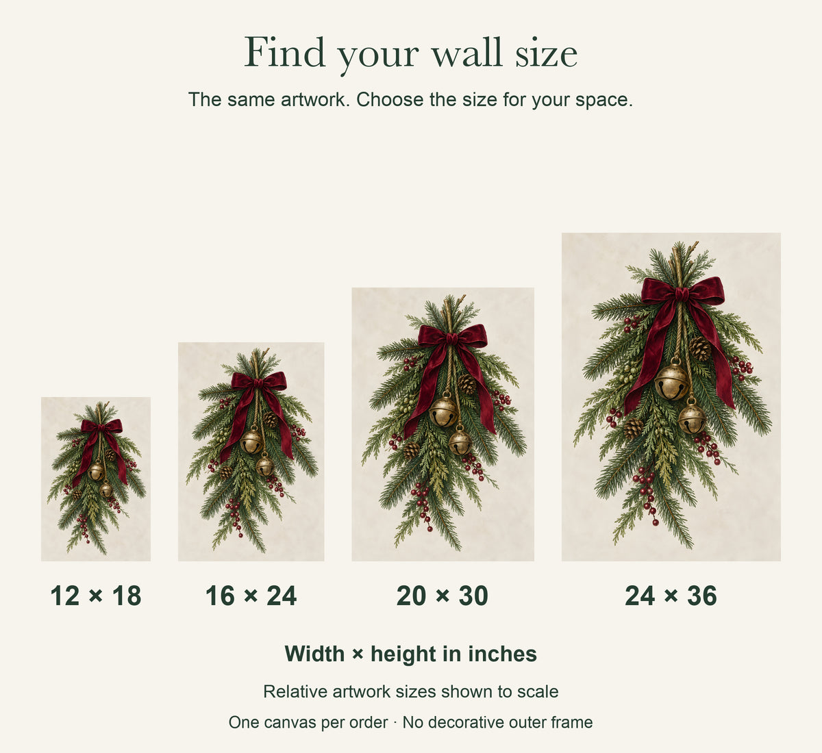 Evergreen Bells Christmas Canvas Wall Art — four canvas sizes to scale: 12 × 18, 16 × 24, 20 × 30 and 24 × 36 in; width × height — Image 3