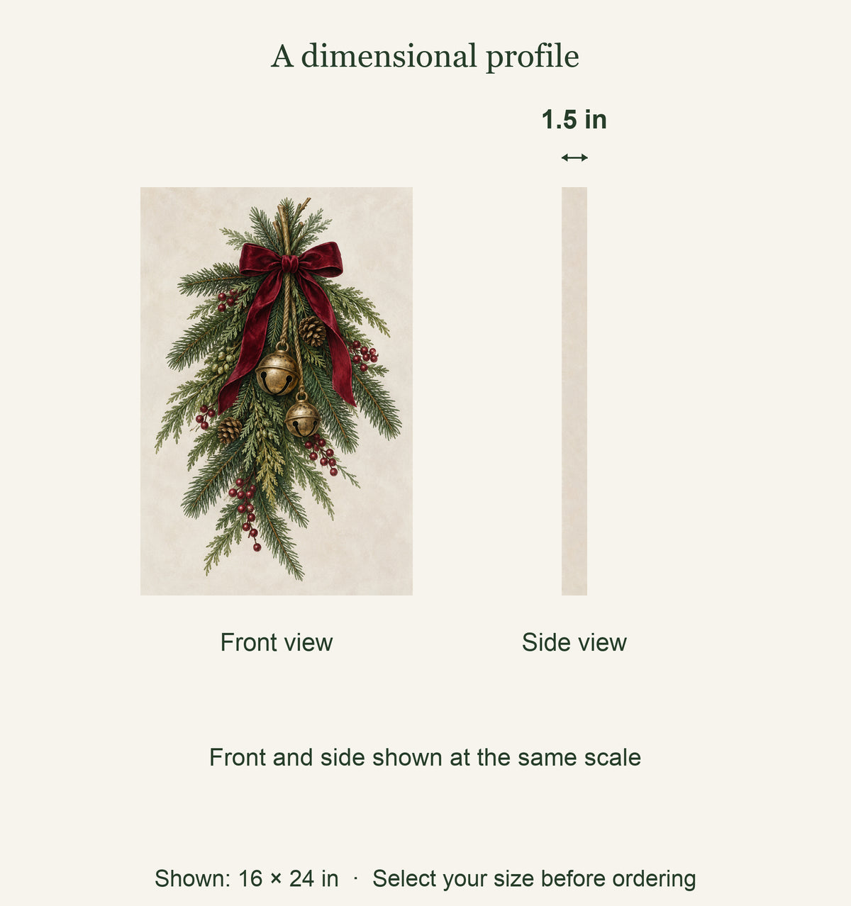 1.5 inch canvas depth; 16 by24 inch example: Evergreen Bells Christmas Canvas Wall Art