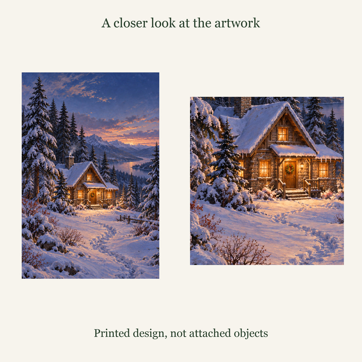 Artwork and enlarged printed detail of Blue Hour Cabin Winter Canvas Wall Art
