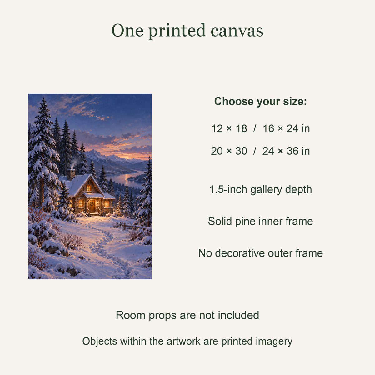 One printed canvas; four available sizes; solid pine inner frame: Blue Hour Cabin Winter Canvas Wall Art