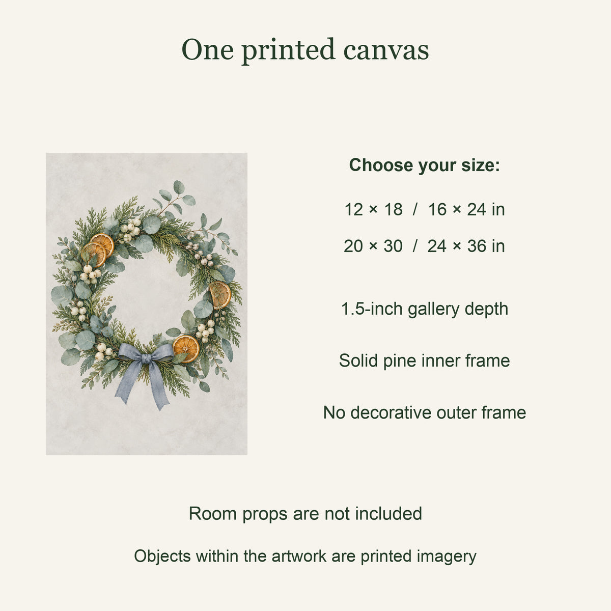 One printed canvas; four available sizes; solid pine inner frame: Frosted Welcome Winter Wreath Canvas Wall Art