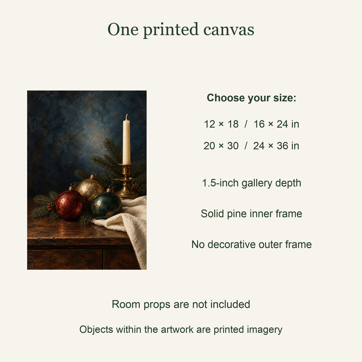 One printed canvas; four available sizes; solid pine inner frame: Christmas Keepsakes Vintage Canvas Wall Art