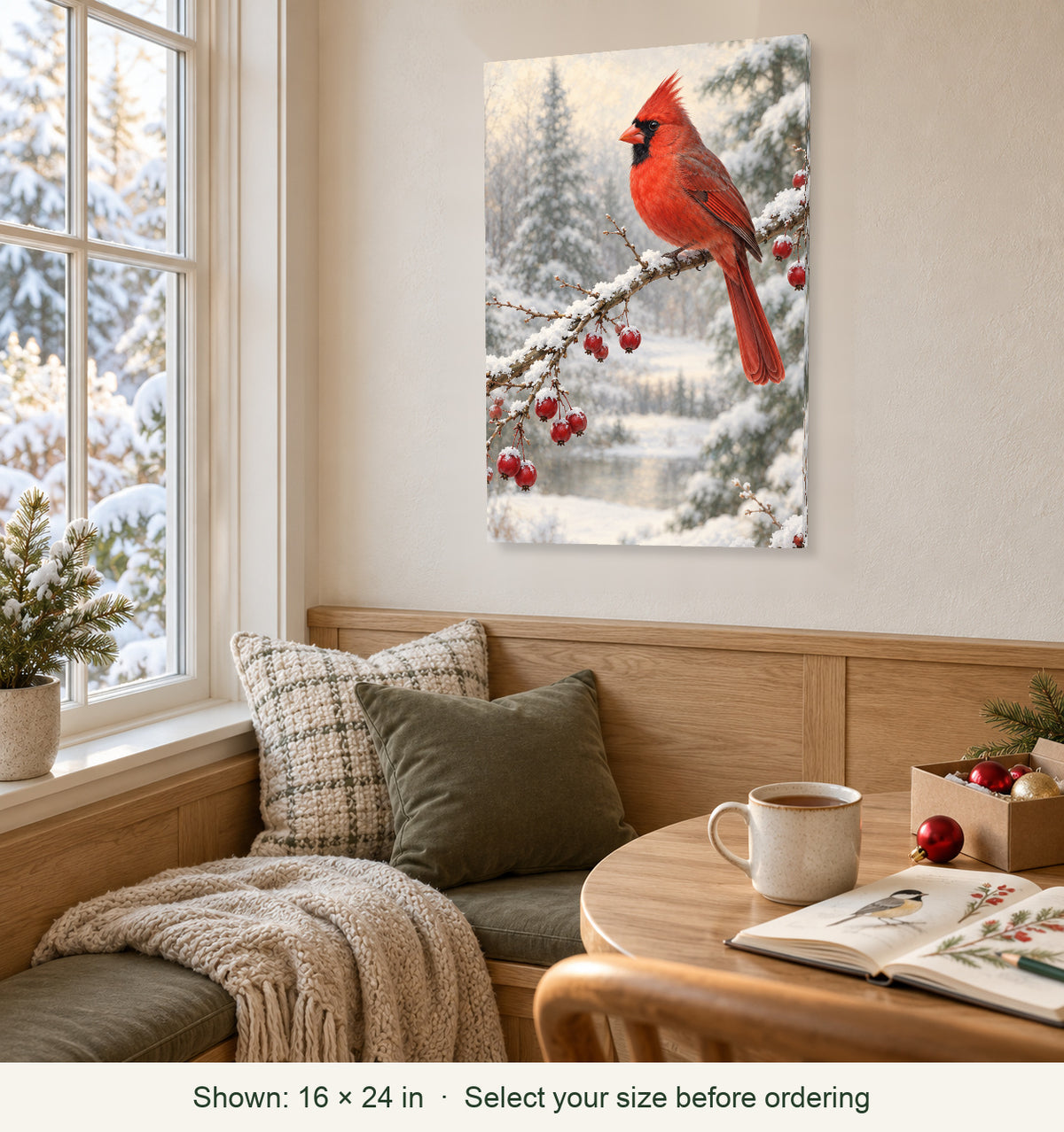 Styled home; canvas shown in 16 by 24 inch size: Winter Visitor Cardinal Canvas Wall Art
