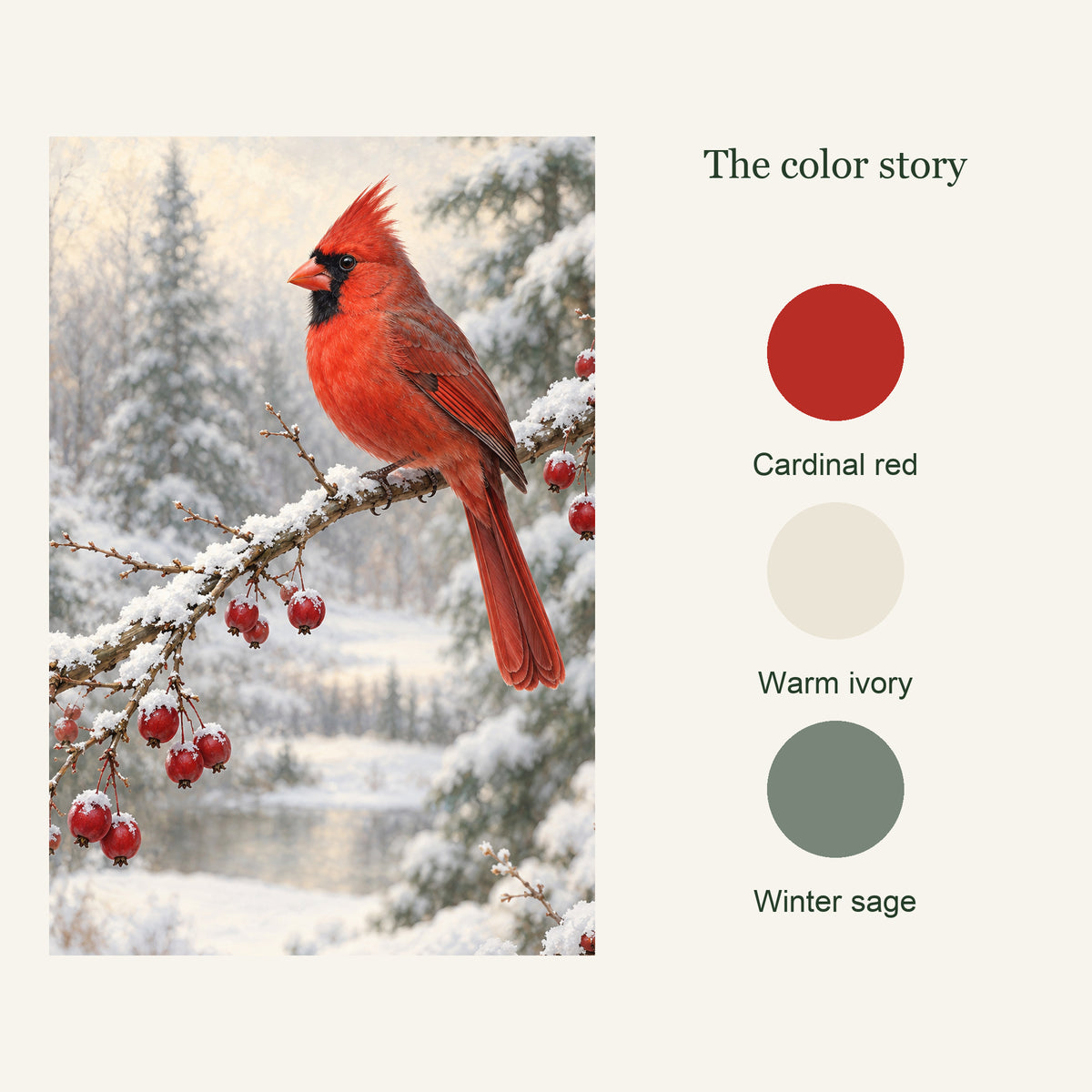 Artwork color palette of Winter Visitor Cardinal Canvas Wall Art