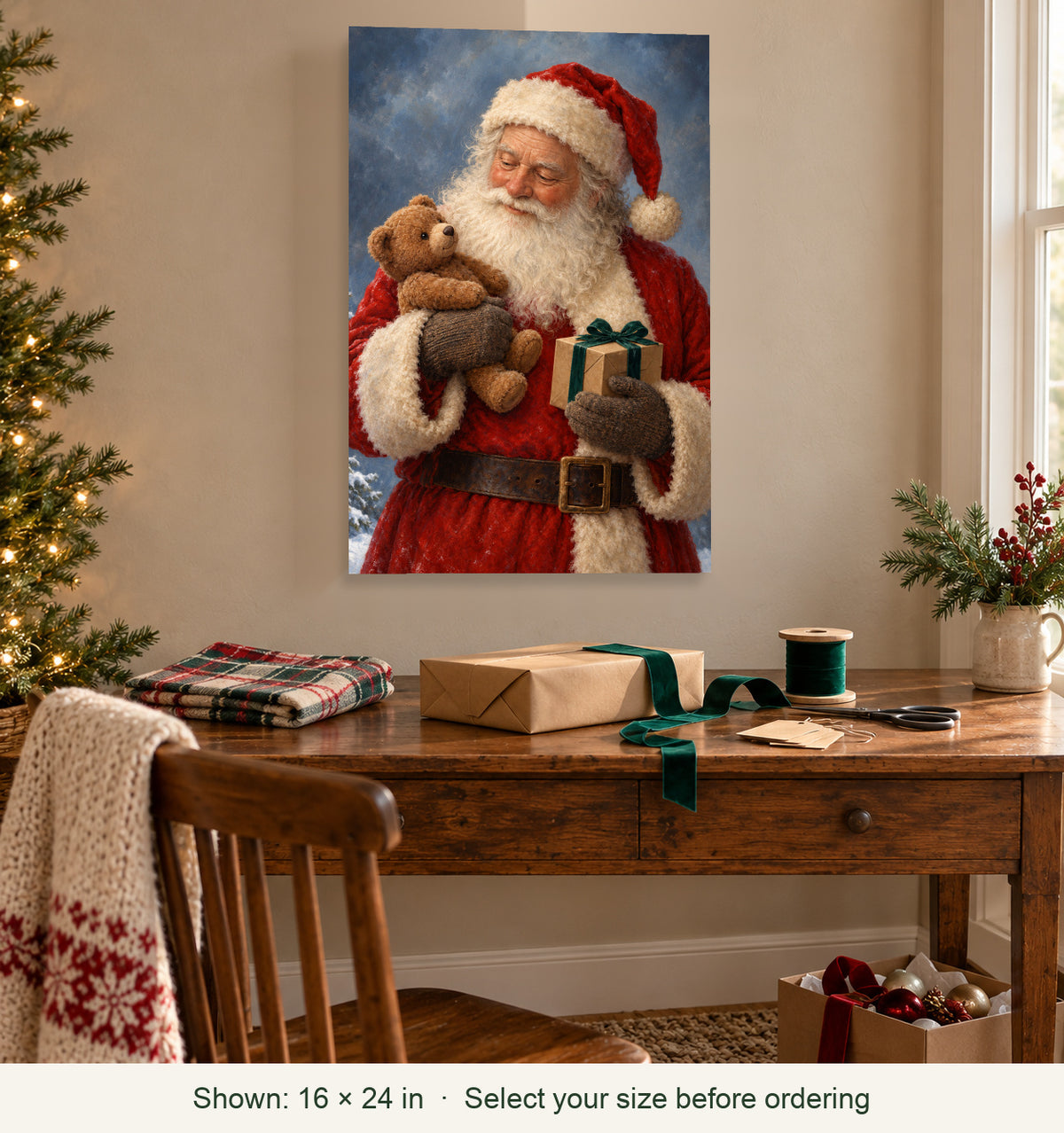 Styled home; canvas shown in 16 by 24 inch size: One Last Gift Santa Canvas Wall Art