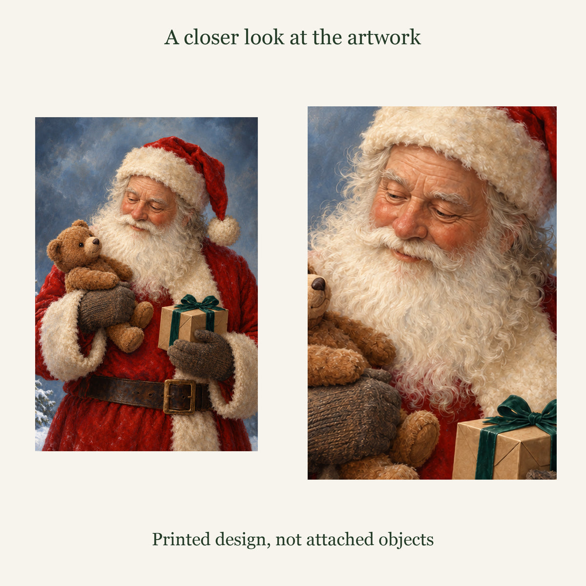 Printed artwork and enlarged design detail of One Last Gift Santa Canvas Wall Art
