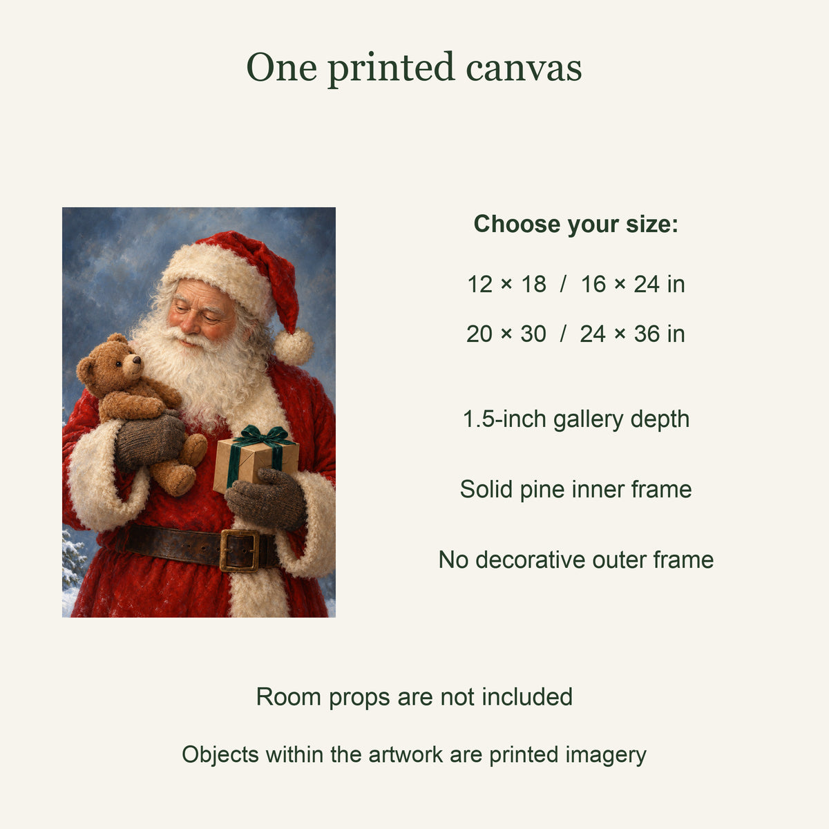 One printed canvas; four available sizes; solid pine inner frame: One Last Gift Santa Canvas Wall Art