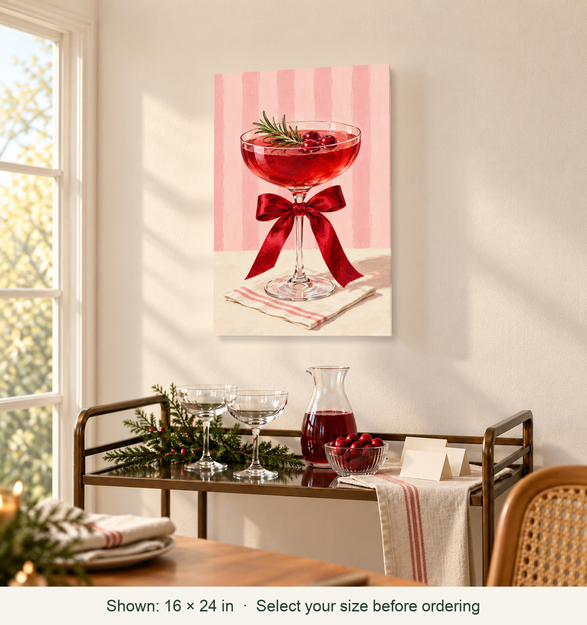 Styled home; canvas shown in 16 by 24 inch size: Christmas Cheers Cocktail Canvas Wall Art