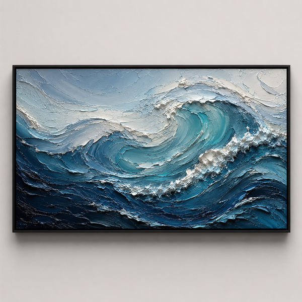 Textured Ocean Wave Oil Painting, Coastal Seascape Wall Art