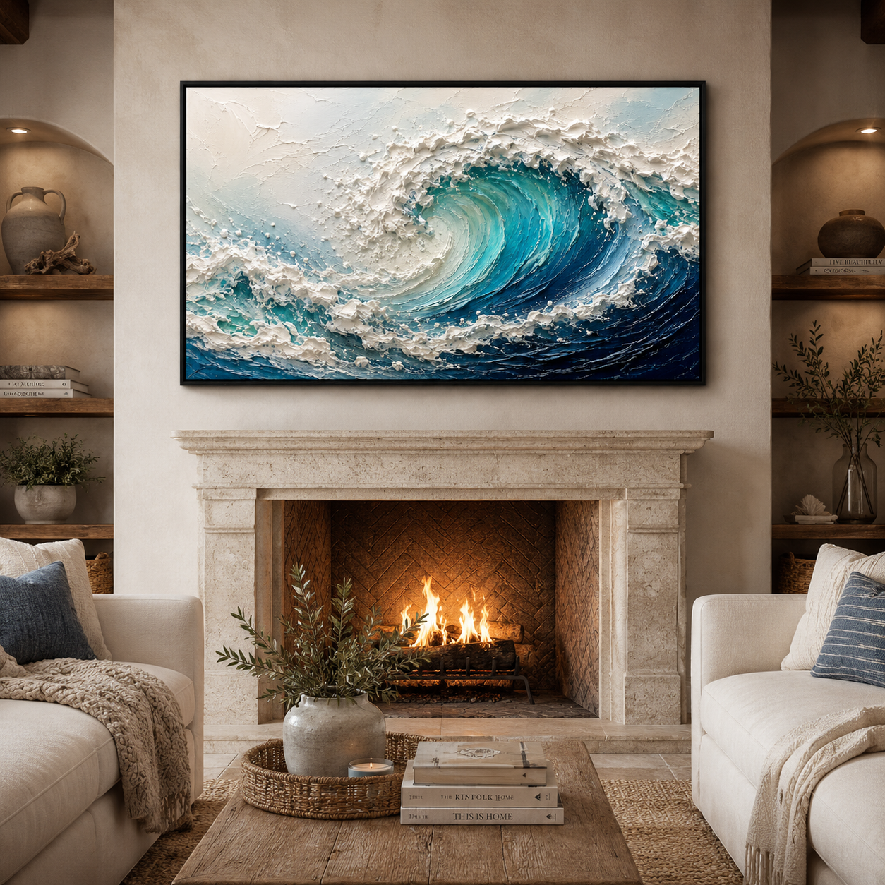 3D Textured Ocean Wave Oil Painting, Coastal Seascape Wall Art