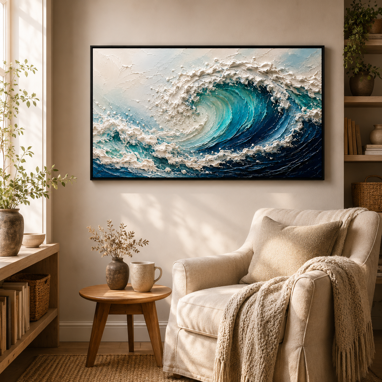 3D Textured Ocean Wave Oil Painting, Coastal Seascape Wall Art