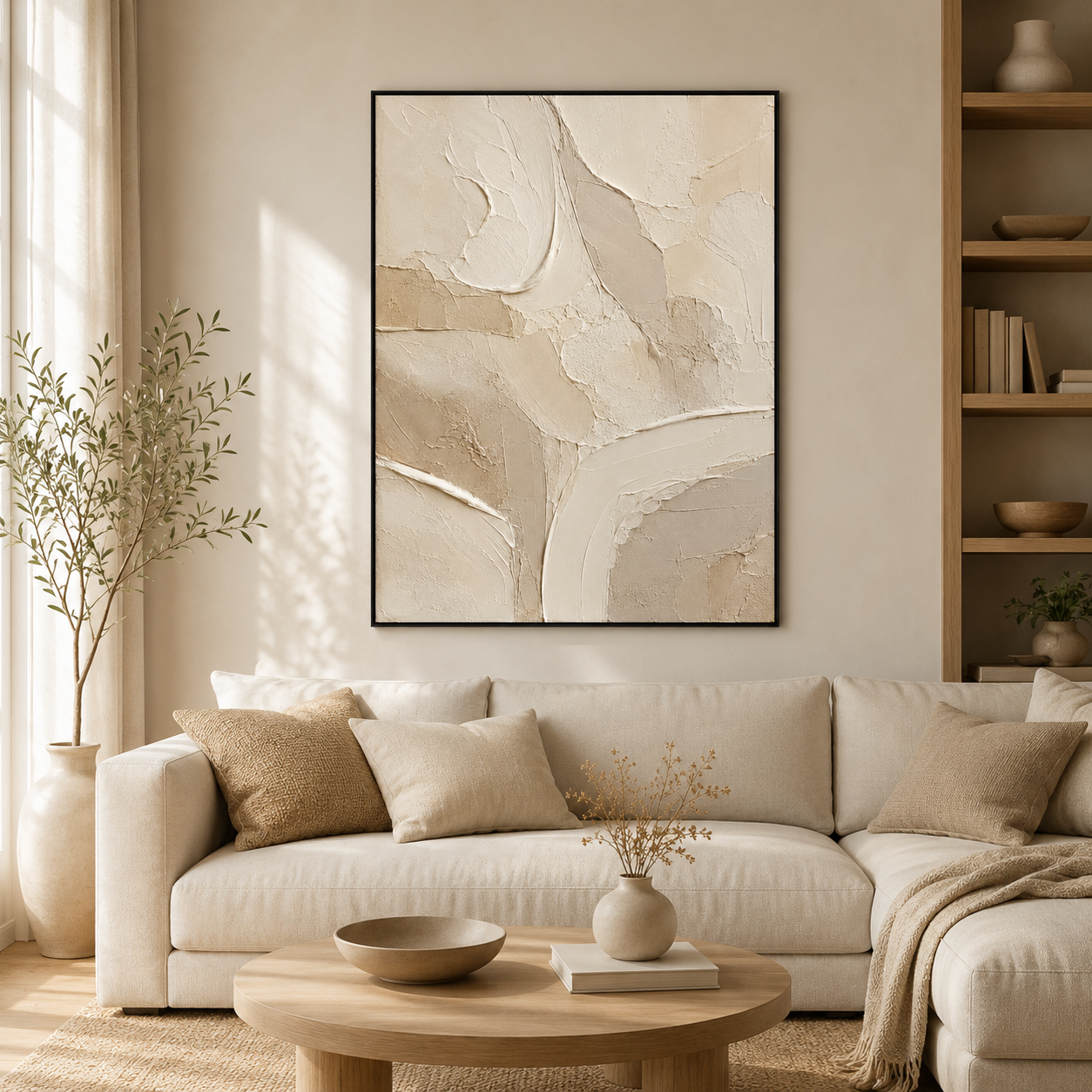 Neutral Textured Abstract Oil Painting, Minimalist Beige Wall Art