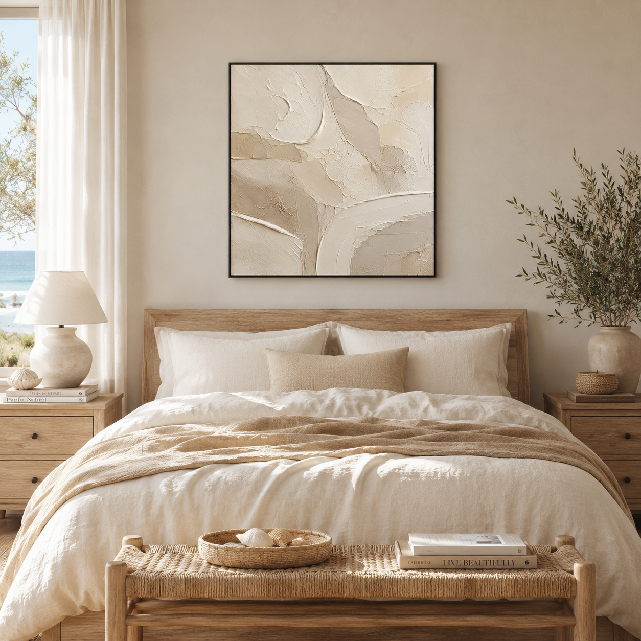 Neutral Textured Abstract Oil Painting, Minimalist Beige Wall Art