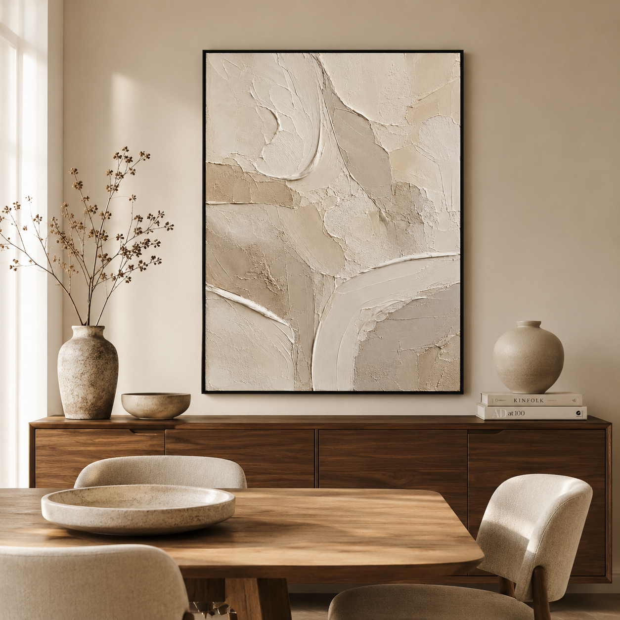 Neutral Textured Abstract Oil Painting, Minimalist Beige Wall Art