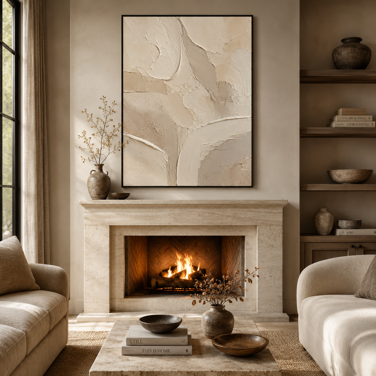 Neutral Textured Abstract Oil Painting, Minimalist Beige Wall Art