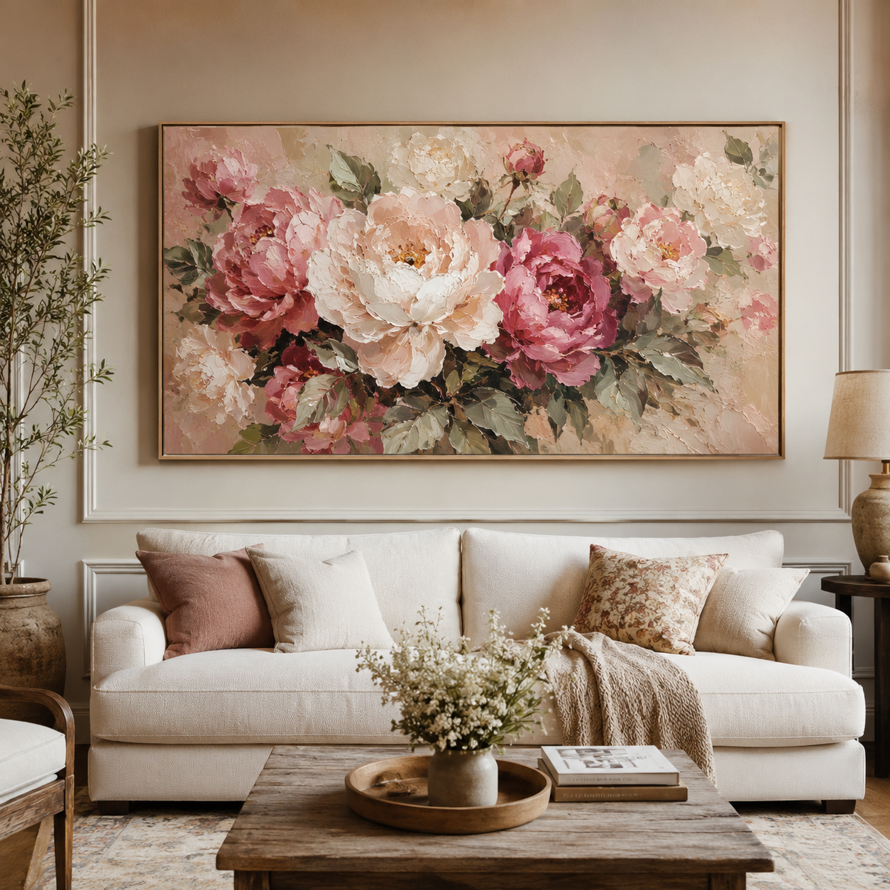 Peony Garden — Textured Floral Oil Painting, Pink & Cream Roses Wall Art