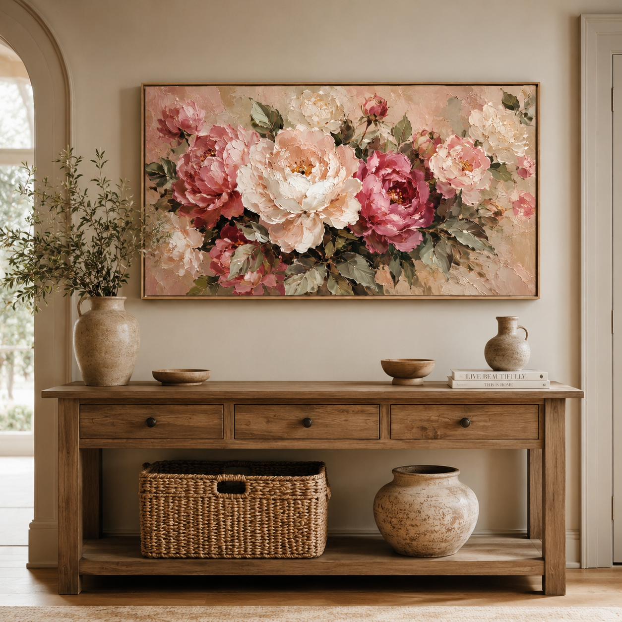 Peony Garden — Textured Floral Oil Painting, Pink & Cream Roses Wall Art