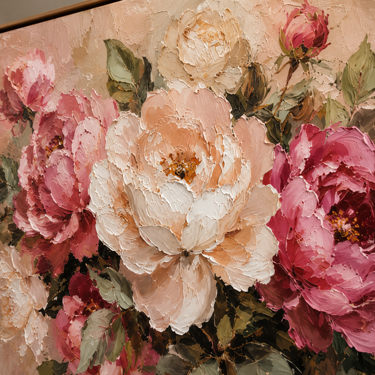 Peony Garden — Textured Floral Oil Painting, Pink & Cream Roses Wall Art