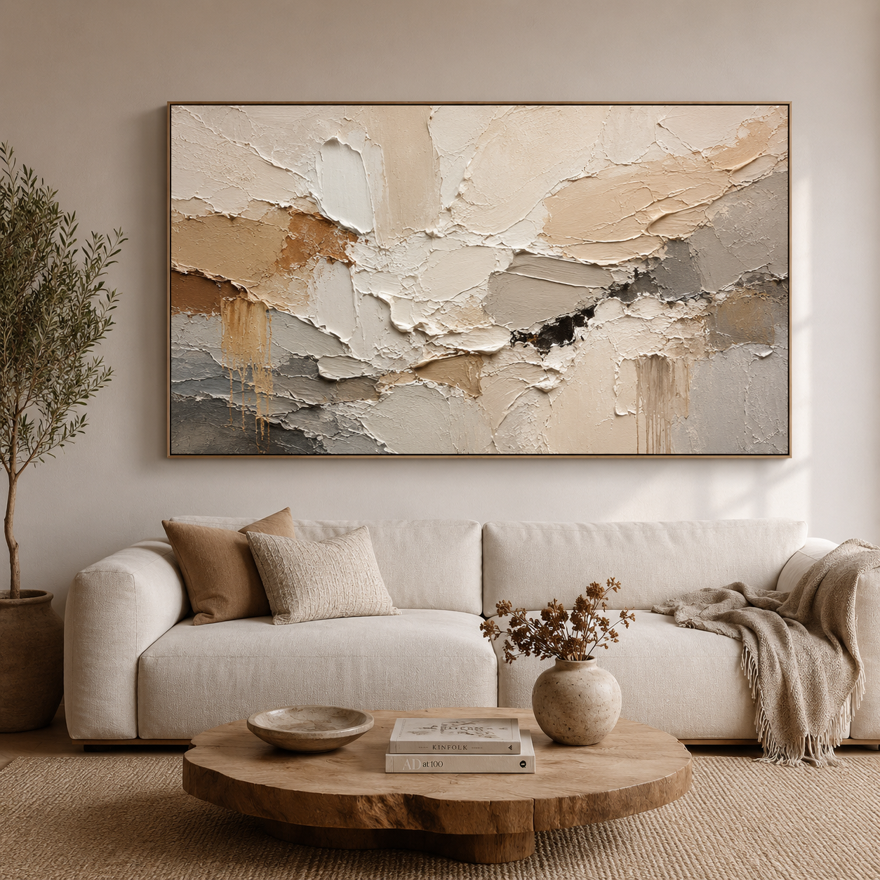 Earthen Drift — Textured Abstract Oil Painting, Neutral Beige & Grey Wall Art