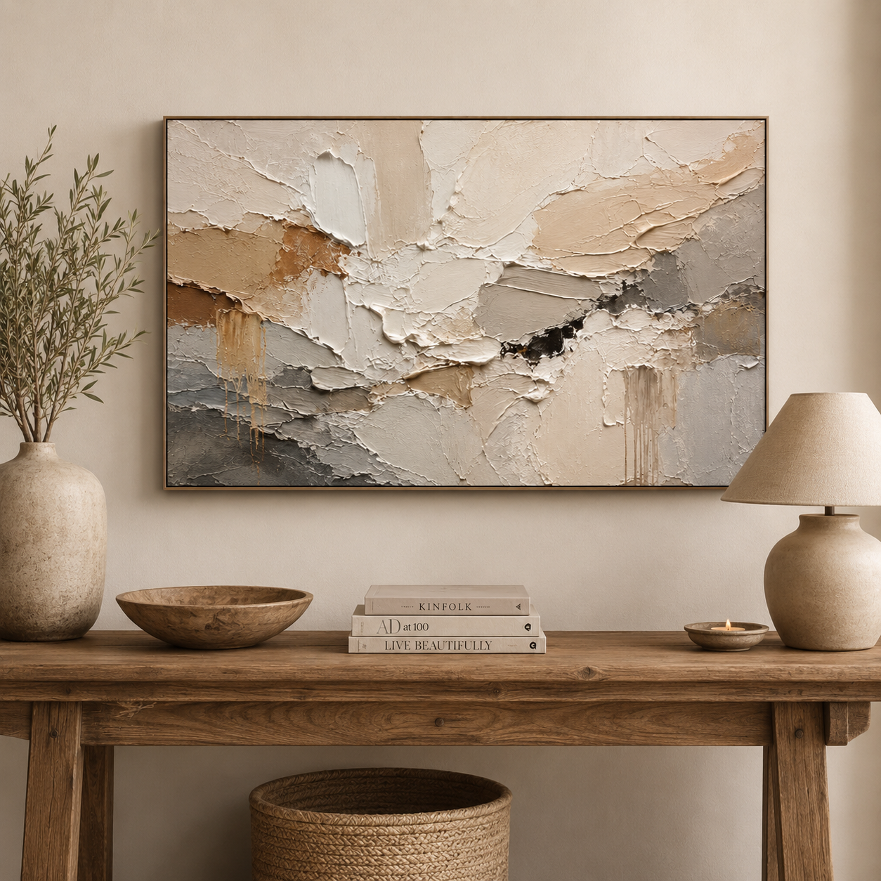 Earthen Drift — Textured Abstract Oil Painting, Neutral Beige & Grey Wall Art
