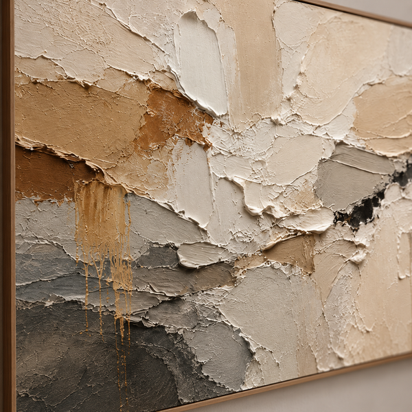 Earthen Drift — Textured Abstract Oil Painting, Neutral Beige & Grey Wall Art