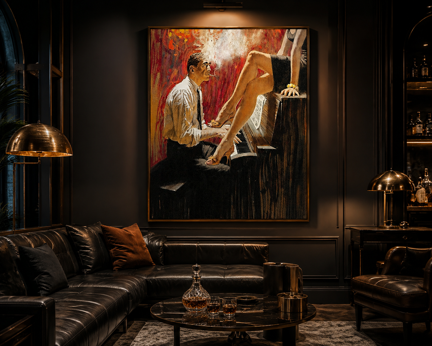 Jazz Noir — Original Oil Painting Print | Pianist & Muse Wall Art | Vintage Noir Style Canvas Art