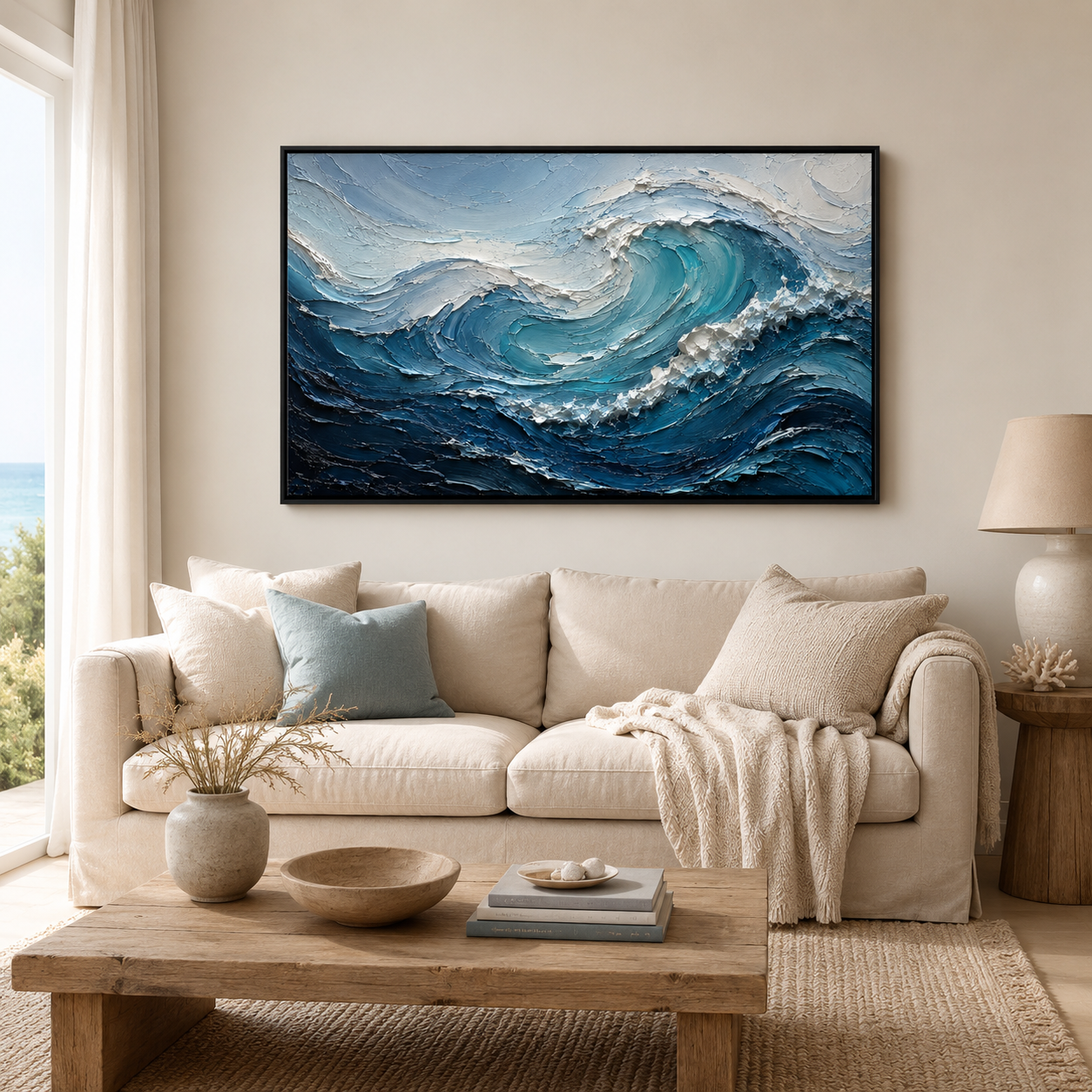 Textured Ocean Wave Oil Painting, Coastal Seascape Wall Art