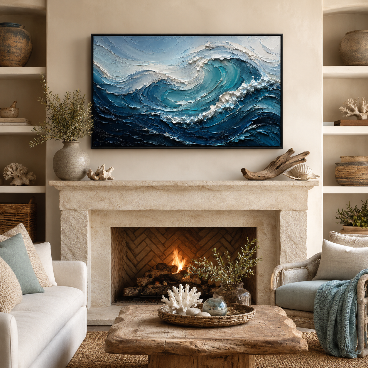 Textured Ocean Wave Oil Painting, Coastal Seascape Wall Art