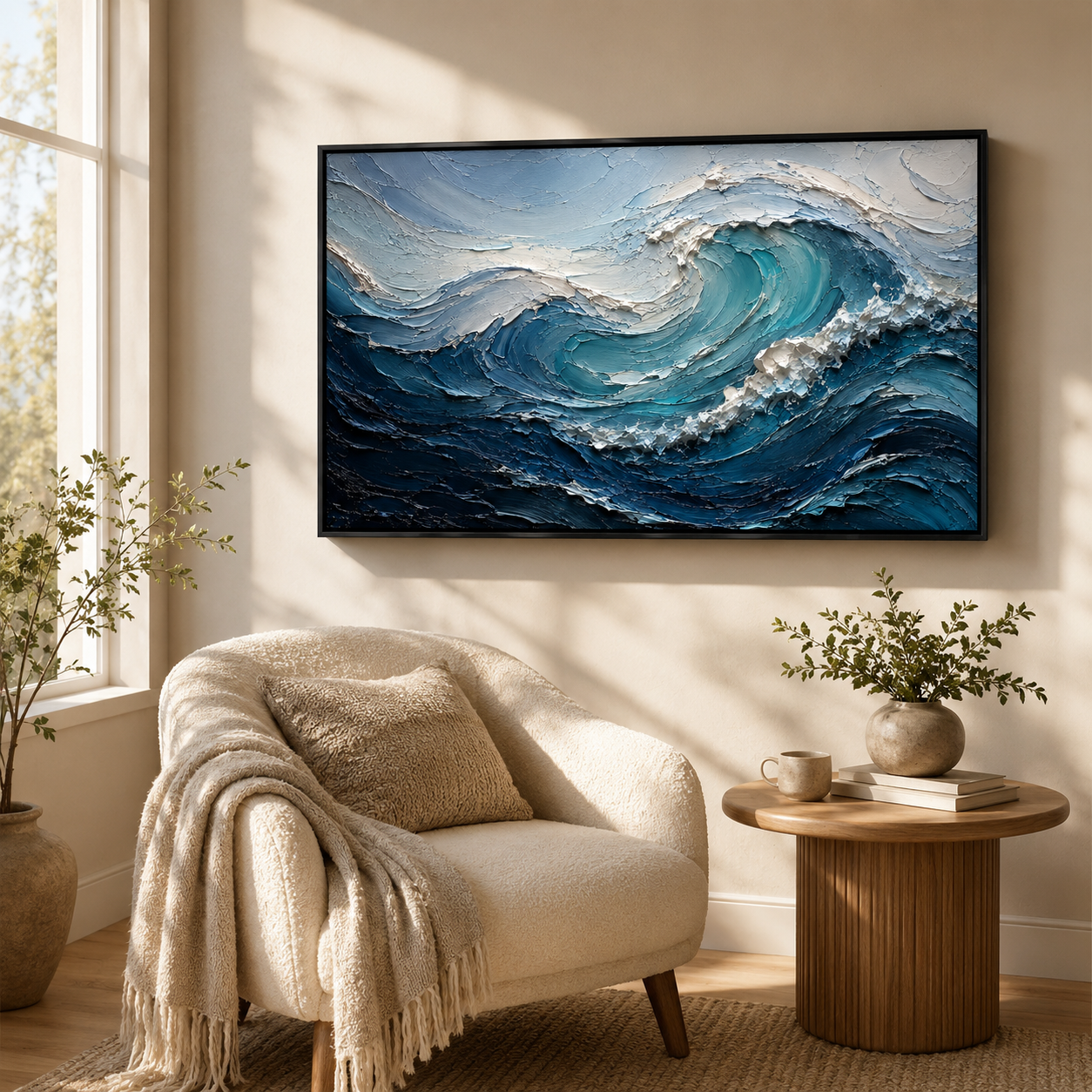 Textured Ocean Wave Oil Painting, Coastal Seascape Wall Art