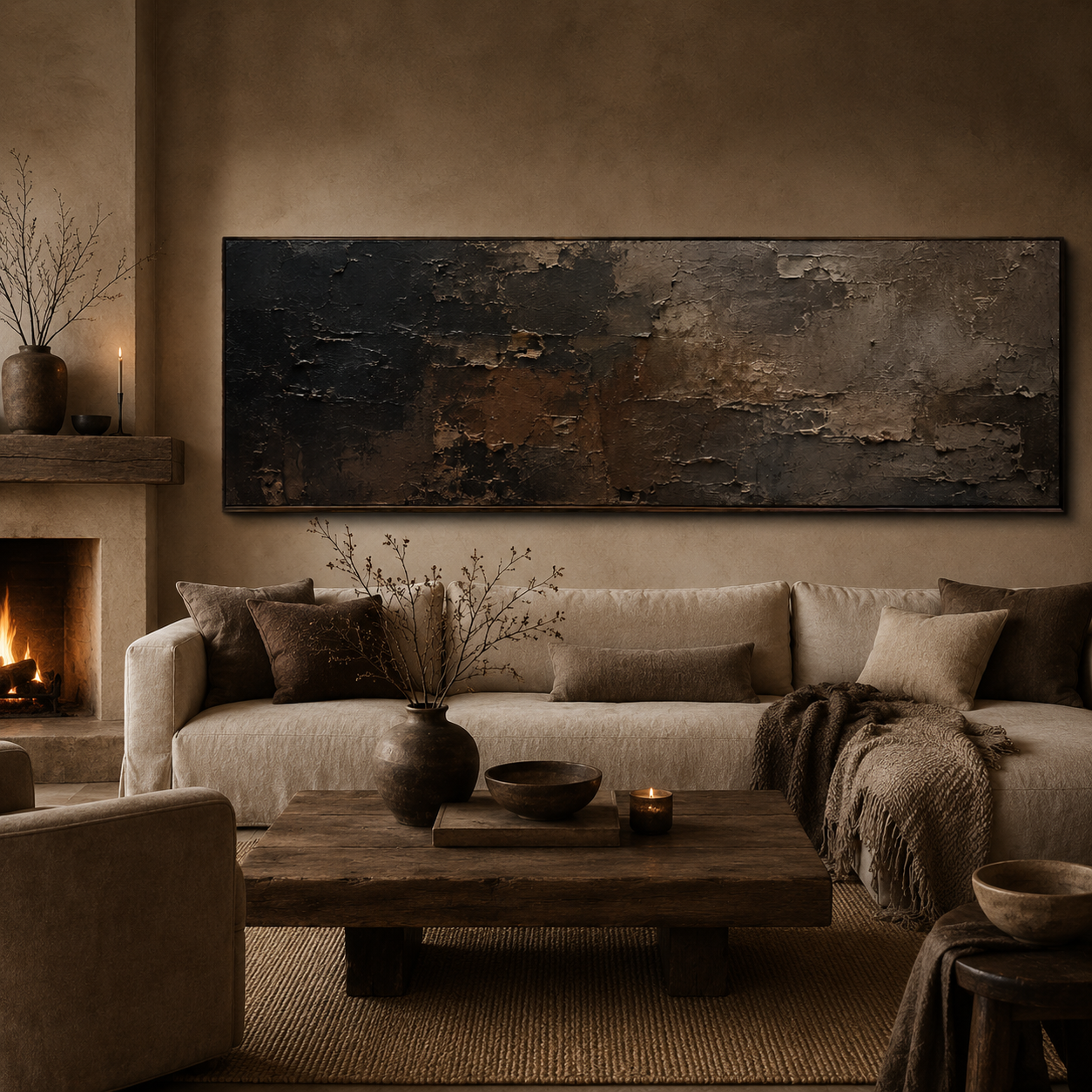 Nocturne Layers - Textured Abstract Oil Painting, Dark Neutral Wall Art - detail view 6
