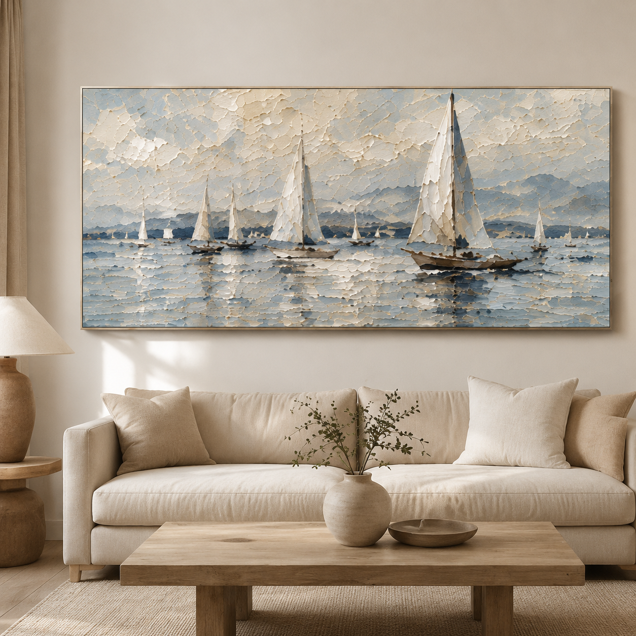 Quiet Sail - Textured Sailboat Oil Painting, Coastal Seascape Wall Art