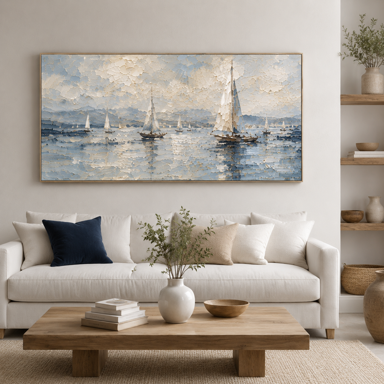 Quiet Sail - Textured Sailboat Oil Painting, Coastal Seascape Wall Art - detail view 3