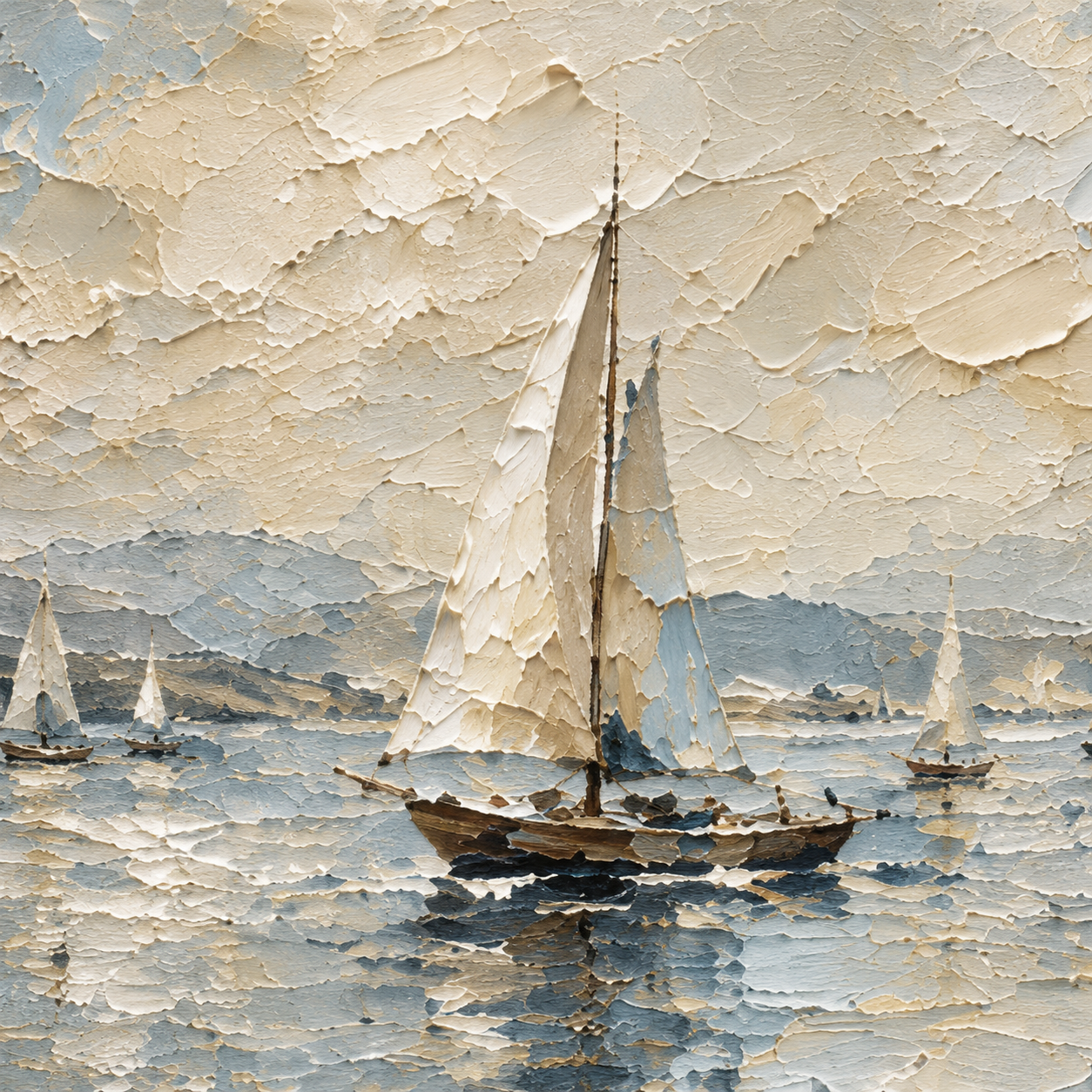 Quiet Sail - Textured Sailboat Oil Painting, Coastal Seascape Wall Art - detail view 6