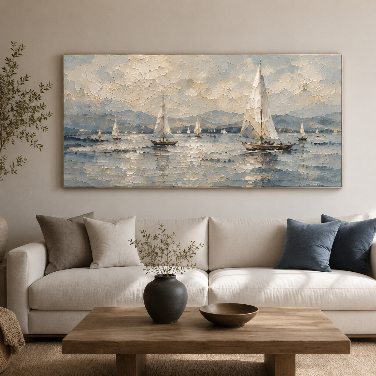 Quiet Sail - Textured Sailboat Oil Painting, Coastal Seascape Wall Art - detail view 7