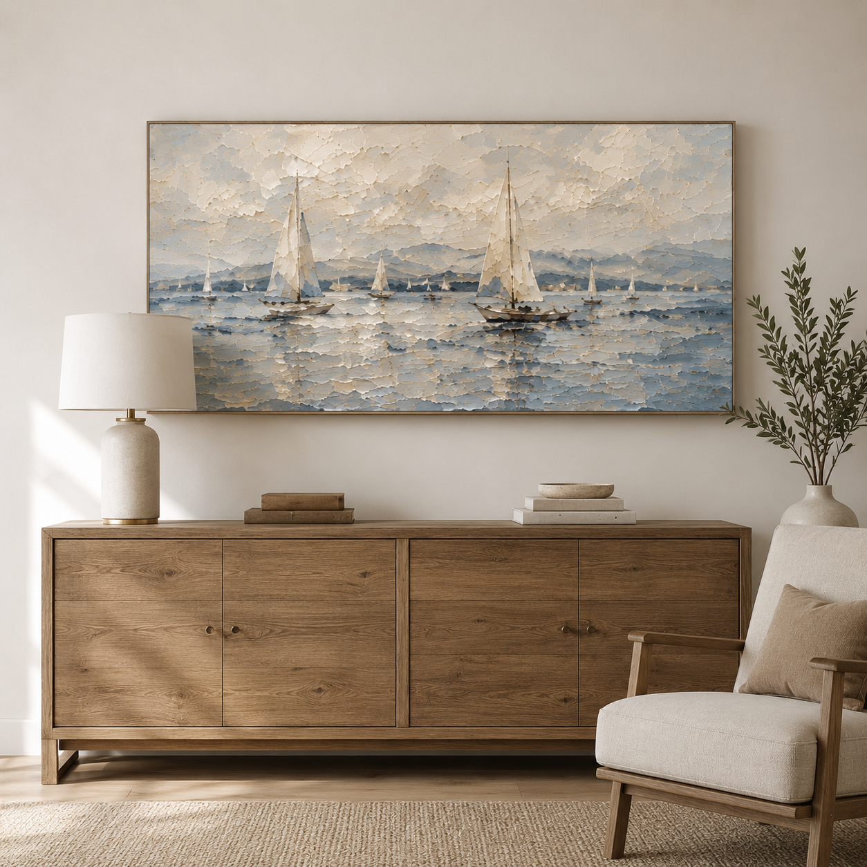 Quiet Sail - Textured Sailboat Oil Painting, Coastal Seascape Wall Art - detail view 9