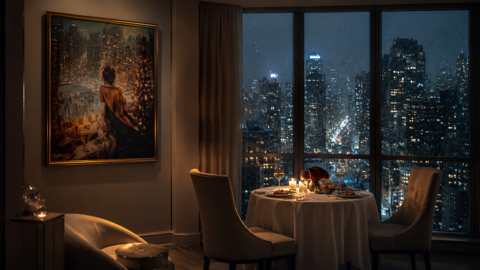 Midnight Noel in the City - Original Oil Painting, Snowy Skyline Wall Art