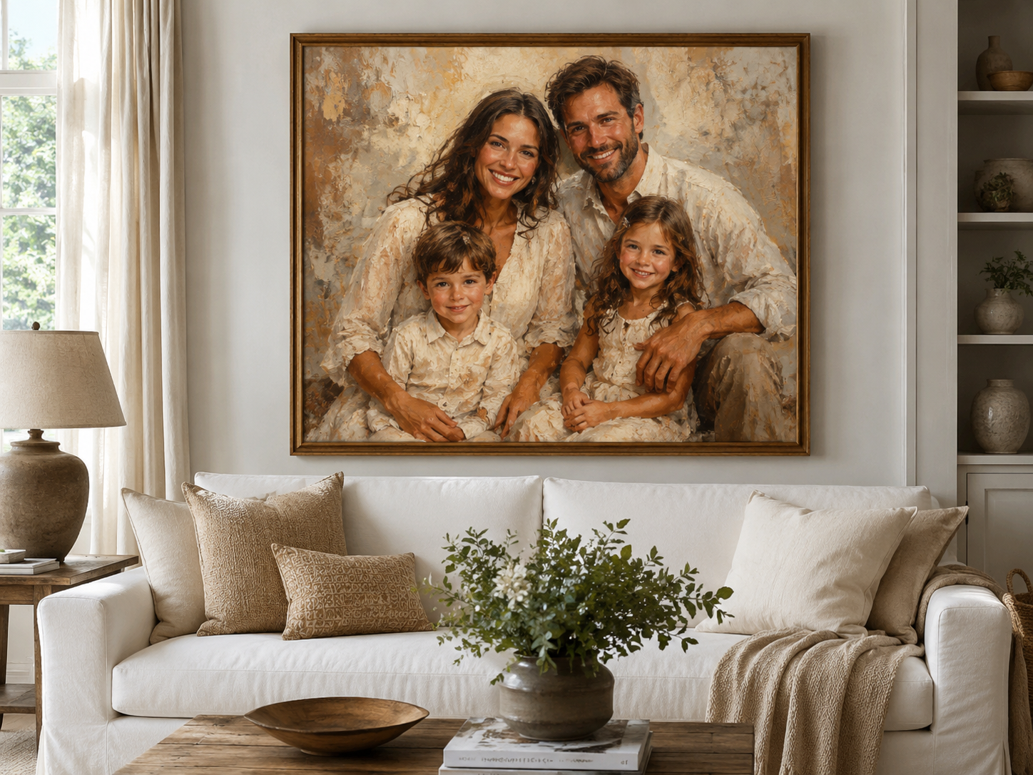 Custom family oil portrait print - family of four above sofa in bright living room