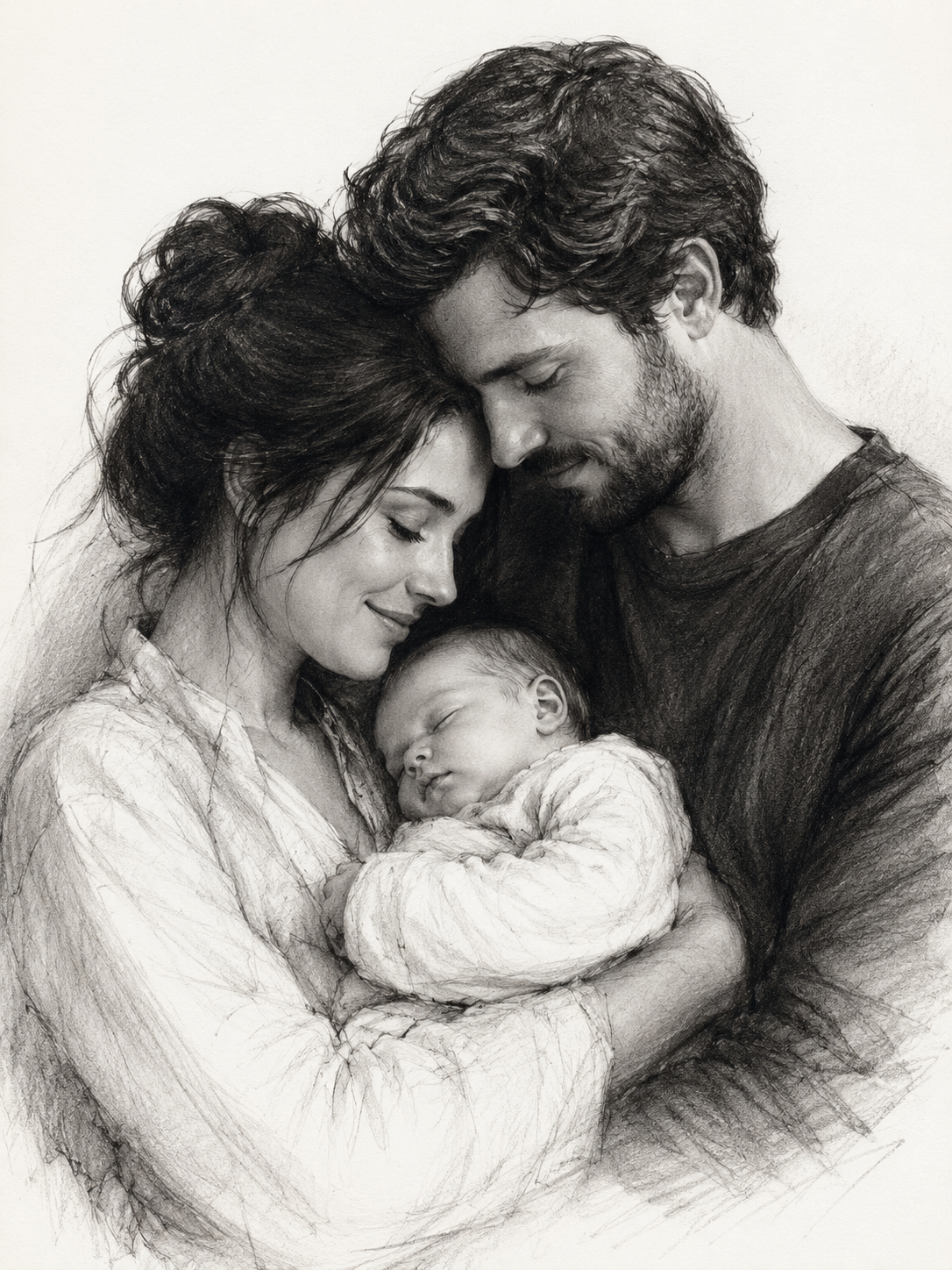Custom family charcoal portrait - couple with newborn pencil sketch on white background