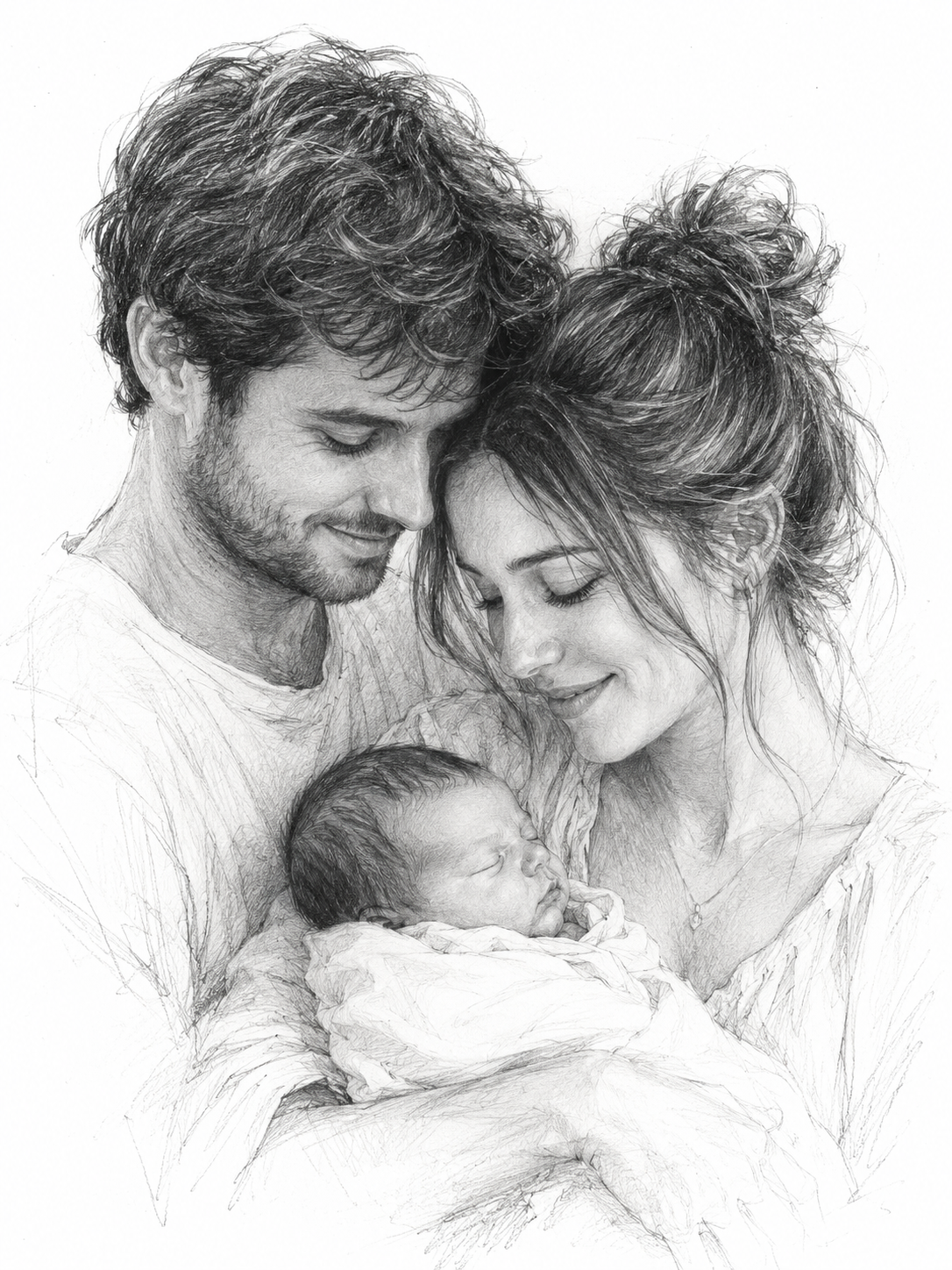 Custom family charcoal portrait - couple with newborn charcoal drawing on white background