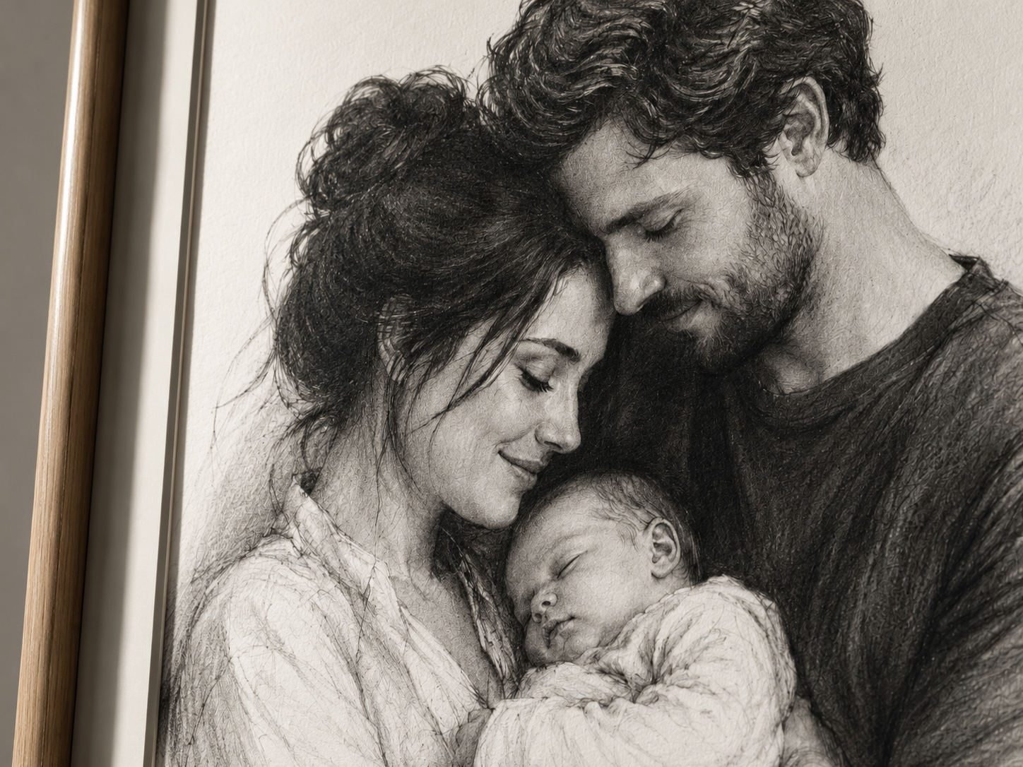 Custom family charcoal portrait - framed above nursery dresser soft warm lighting