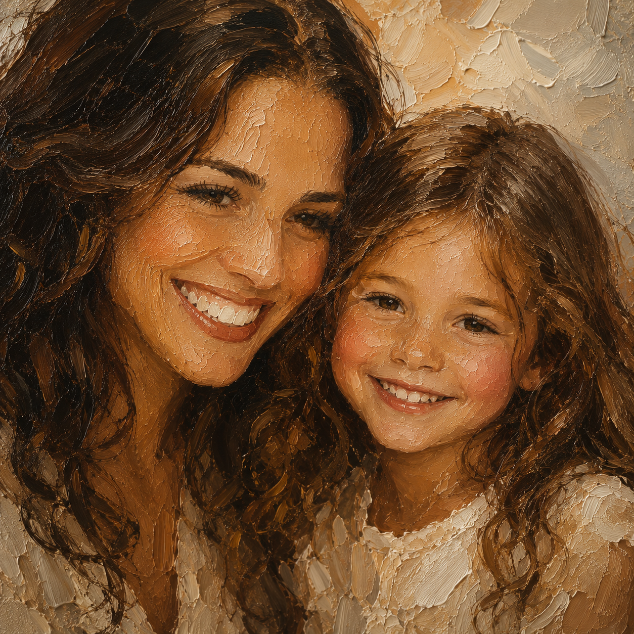 Custom family oil portrait print - close up mother and daughter impasto texture detail