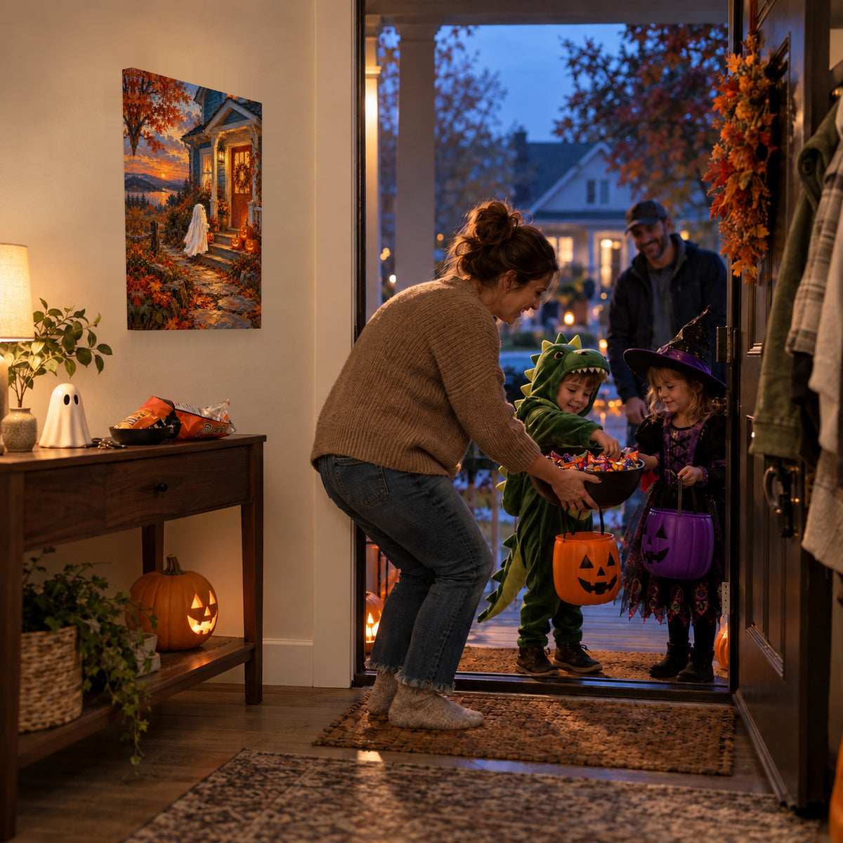 Ghost at the Pumpkin Porch canvas during trick or treat at the front door